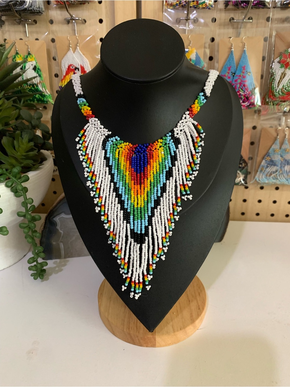 Handmade Rainbow Fringe Beaded Necklace — White and Multicolor